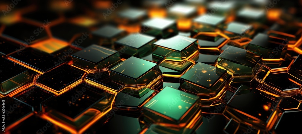 Poster a vibrant array of neon green and orange polygons, abstract geometric background. generative ai