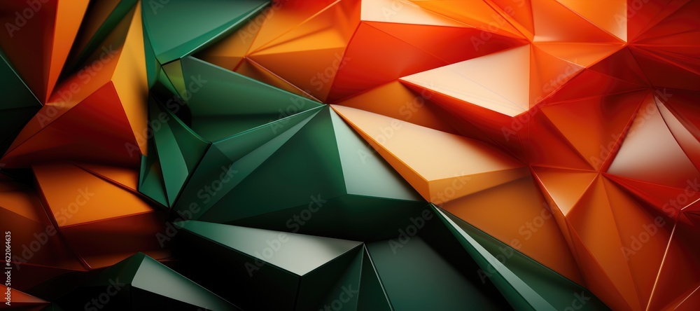 Poster a vibrant array of neon green and orange polygons, abstract geometric background. generative ai