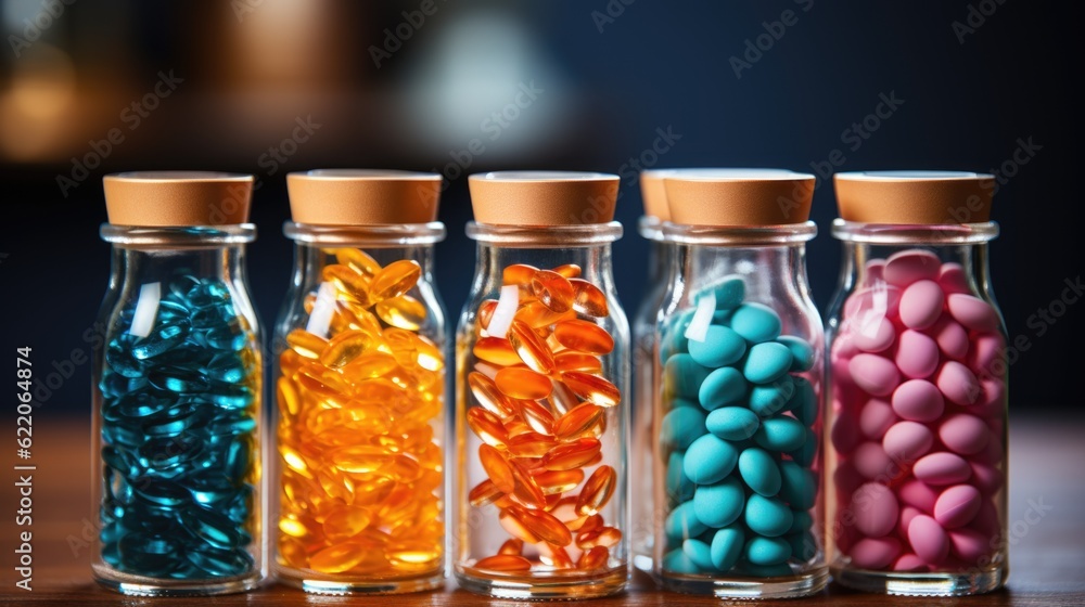 Poster a row of glass bottles filled with different colored pills. generative ai image.