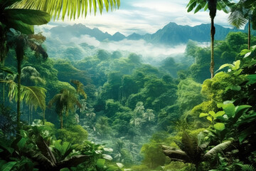 Fototapeta na wymiar A panoramic banner background depicting a tropical forest landscape, symbolizing environmental ecology, sustainable energy, and Earth Day. Generative Ai, Ai.