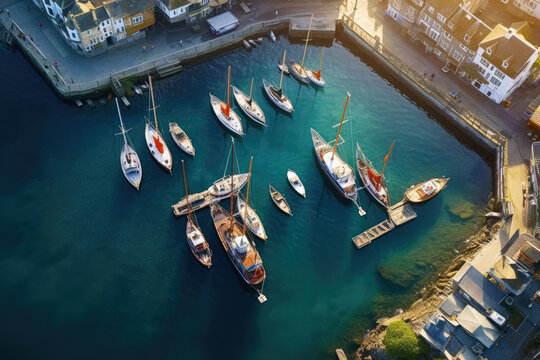 A captivating aerial photograph showcasing a picturesque harbor in Cornwall, adorned with vibrant moored boats. Generative Ai, Ai.