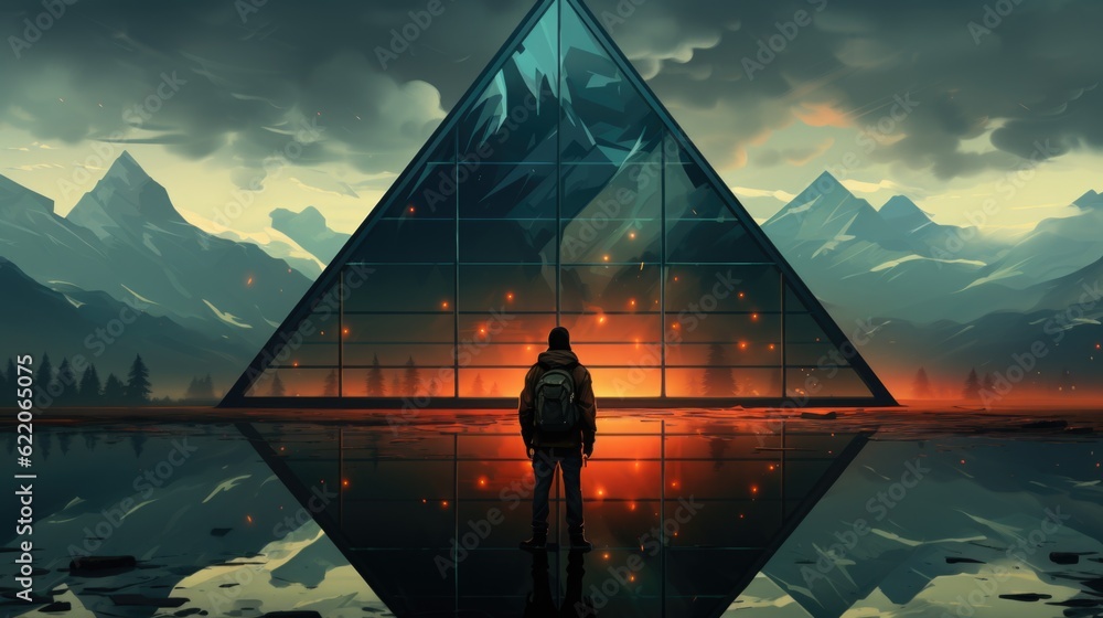 Aufkleber a person standing in front of a pyramid. generative ai image.