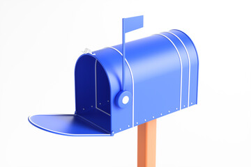 One blue mailbox on a white background. 3d rendering illustration