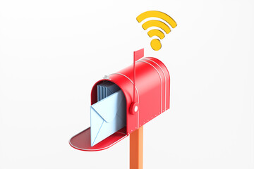 One mailbox with an envelope inside and a wi-fi icon on a white background. 3d rendering illustration