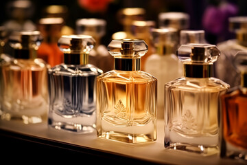 Luxury fragrance bottles at perfume scent at presentation event, bespoke perfumery and beauty product sale, generative ai - obrazy, fototapety, plakaty