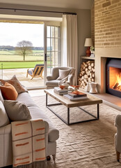 Fototapeta premium Modern cottage sitting room decor, interior design, living room furniture in neutral colours and fireplace, home decor in elegant English country house style, generative ai