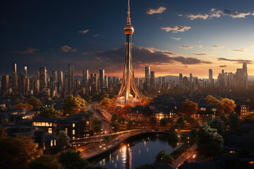 Obraz premium Illustration of a luxury residential tower surrounded by a bustling cityscape, representing a futuristic metropolis and upscale living. Generative Ai.