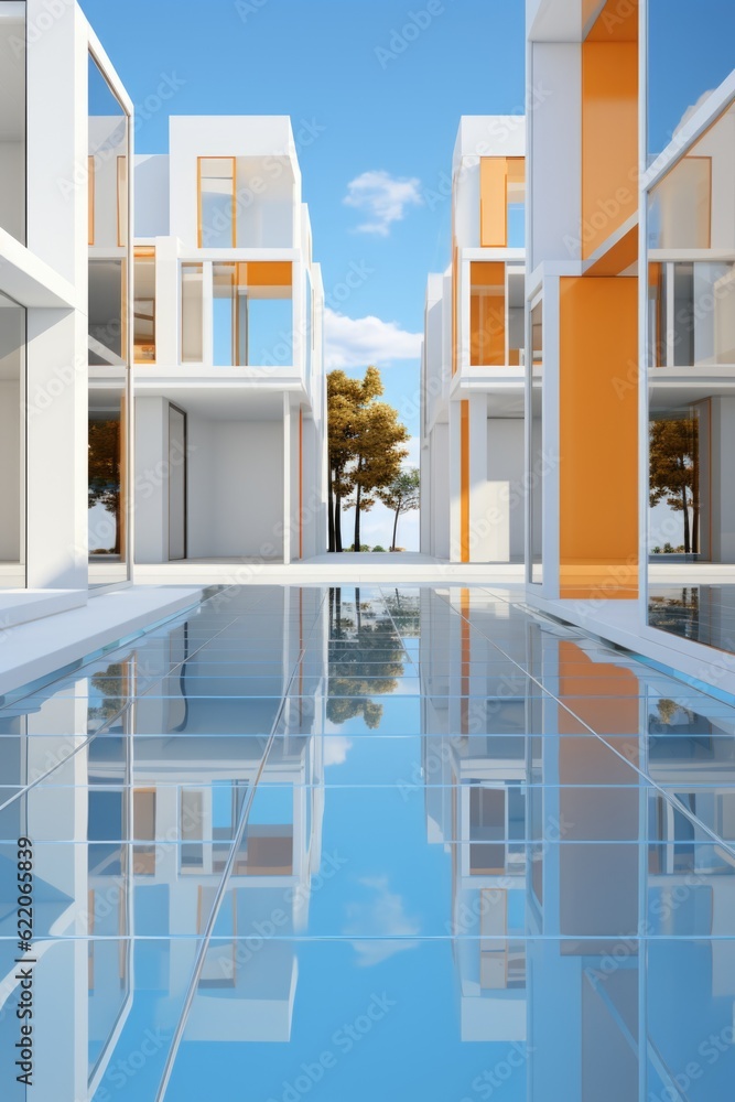 Poster a pool in front of a row of white and orange buildings. generative ai image.
