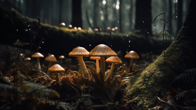 Magic mushrooms in a dark mysterious forest on a blurred background, magic in the air. Generative AI