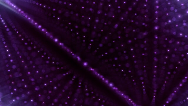 Purple abstract glowing digital dot array pattern in elegant dark space. 3D illustration of glowing decorative data point particle mesh. Futuristic technology background for storage network security.