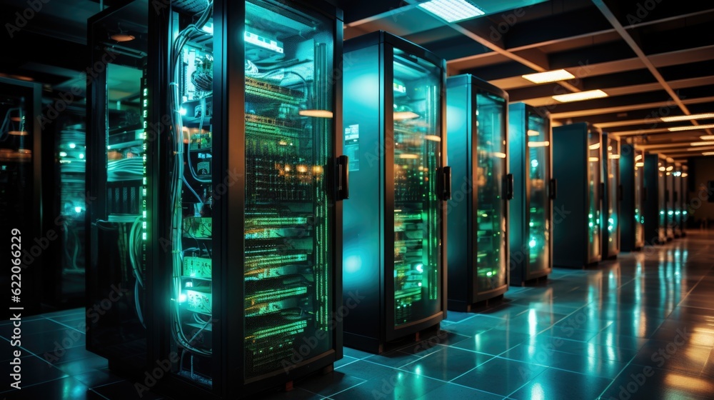 Poster a row of servers in a server room. generative ai image.