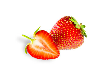 Whole and half, cut strawberry on white background.