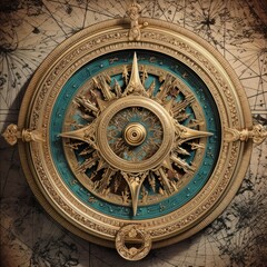 Fototapeta na wymiar beautiful decorative vintage compass made of shiny golden metal on the background of a beautifully illustrated map drawn on parchment paper. Generative AI