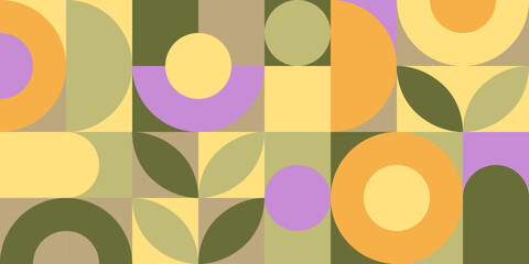 Abstract geometric mosaic in natural colors. Modern background from circles, squares shapes and leaves. Botanical template