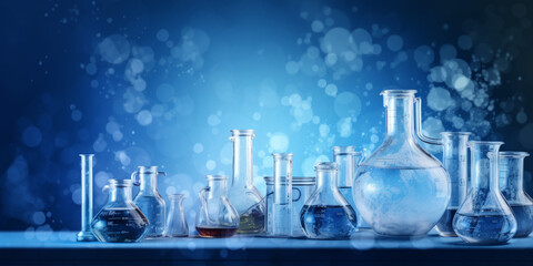 beaker and flask in science laboratory with chemical structure blue banner background