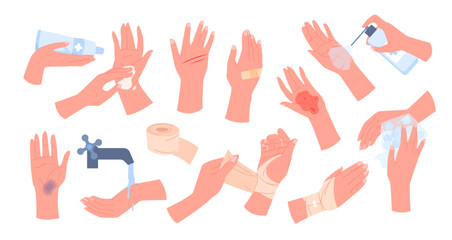 First aid for trauma, infographic set vector illustration. Cartoon isolated broken arms with wound, bruise or bleeding dressing with elastic bandage and band aid, hands apply ice bag and disinfectant