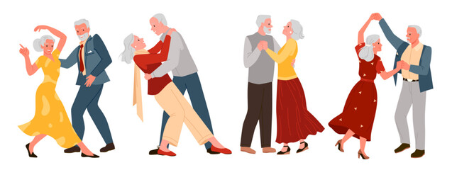 Cartoon isolated collection with pair of old man and woman dancing to music together, dance club or school for older romantic grandparents. Slow and fun dance of senior couple set vector illustration