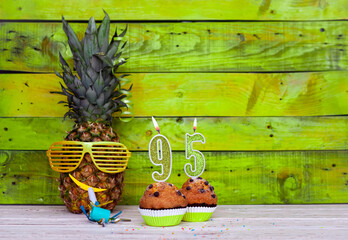 Creative card postcard happy birthday with number  95. Background character pineapple in festive...