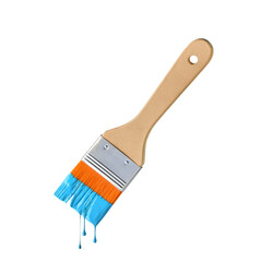 Paintbrush with dripping turquoise blue paint isolated over white background
