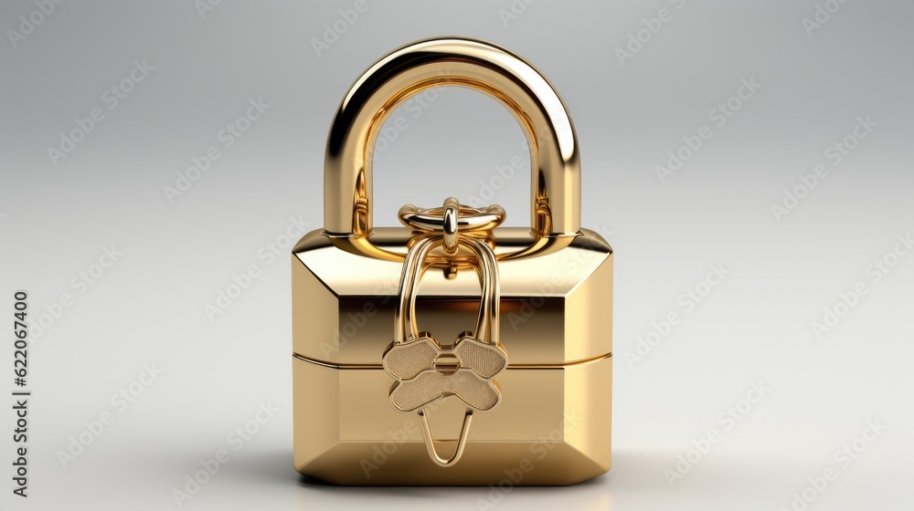 Poster a golden padlock with a key on it. generative ai image.
