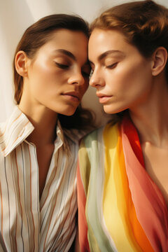 female friends/models/lgbtq + couple in magazine editorial fashion/beauty photo shoot embracing/kissing with rainbow details film photography look  - generative ai art