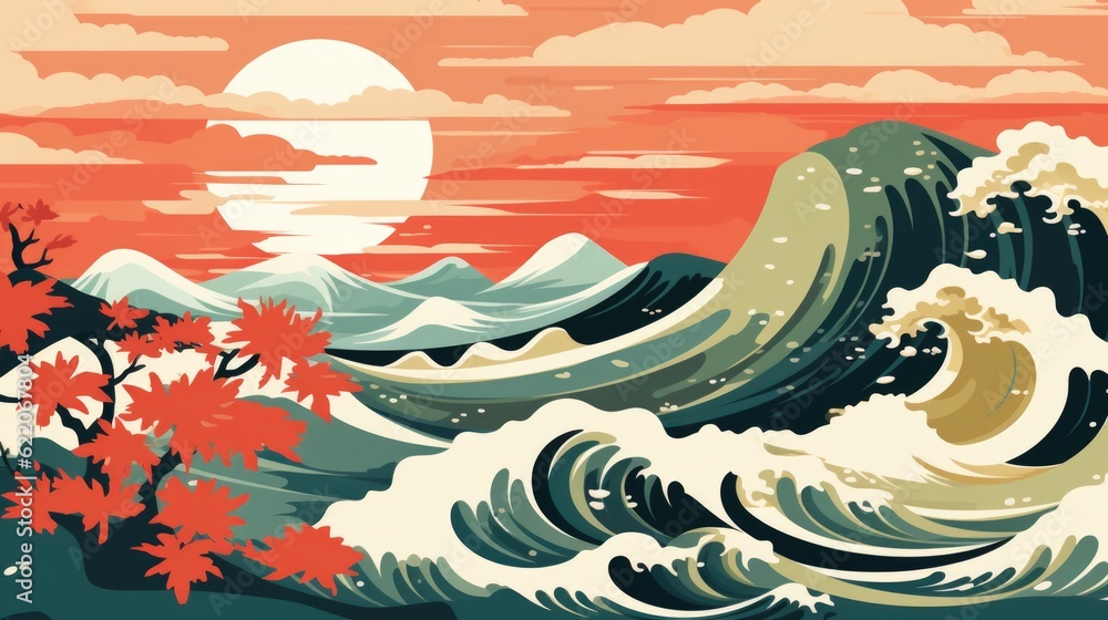 Poster a painting of a large wave in the ocean. generative ai image.