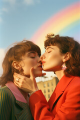 female friends/models/lgbtq + couple in magazine editorial fashion/beauty photo shoot embracing/kissing with rainbow details film photography look  - generative ai art