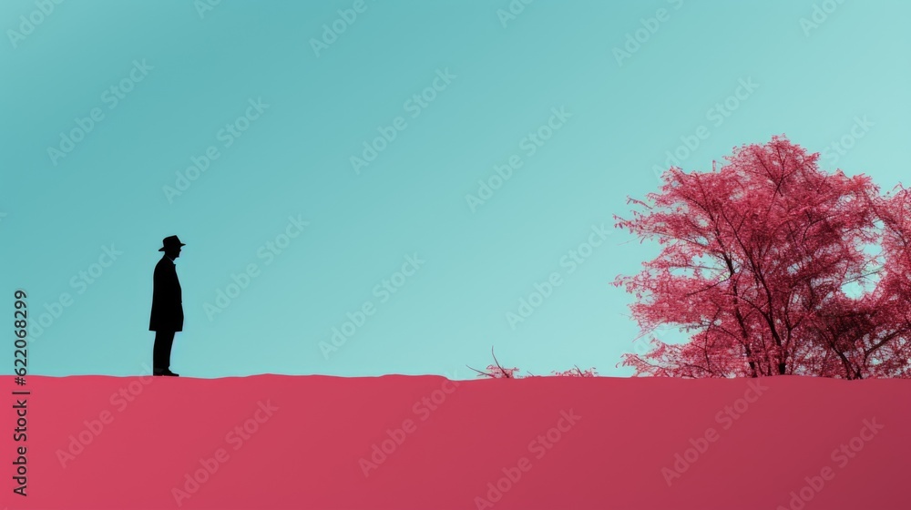 Aufkleber a man standing on top of a hill next to a tree. generative ai image.