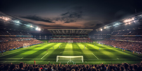 Football stadium at night with green grass and crowds in the background 