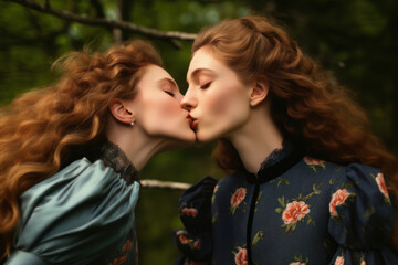 Fototapeta premium two female friends/models/lgbtq couple in magazine editorial fashion/beauty photo shoot standing embracing/kissing film photography look - generative ai art