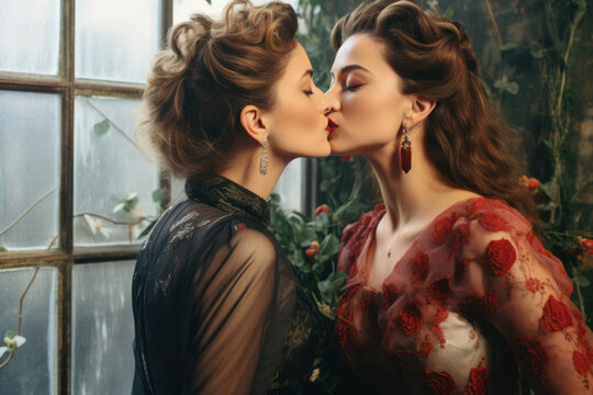 two female friends/models/lgbtq couple in magazine  editorial fashion/beauty photo shoot standing embracing/kissing film photography look  - generative ai art