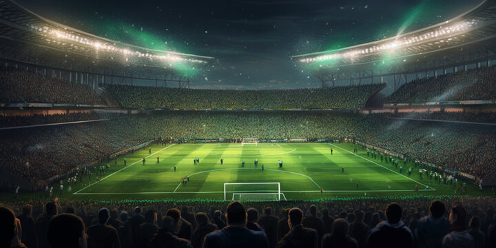 Football stadium at night with green grass and crowds in the background 