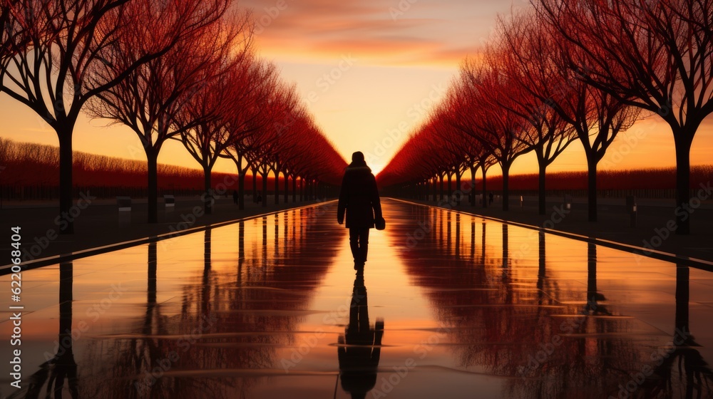 Poster a person walking down a long walkway with trees in the background. generative ai image.