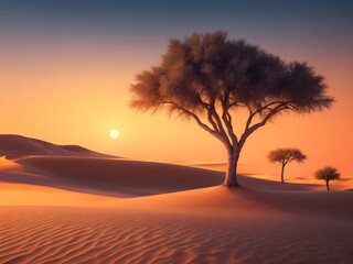 Obraz na płótnie Canvas Beautiful desert sunset landscape scenery background with one lonely tree on sand dunes 