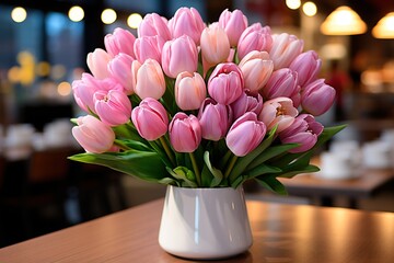 Bouquet of pink tulips in a vase on the table. Home interior decoration. Beautiful card for birthday or mother's day. AI generation