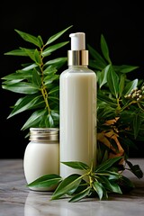 Tall bottle and jar of cosmetics without stickers on green fresh leaves. Mockup for a cosmetic brand. Eco-friendly homemade cosmetics. AI generation
