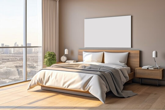 Frame mockup in dedroom wall art display