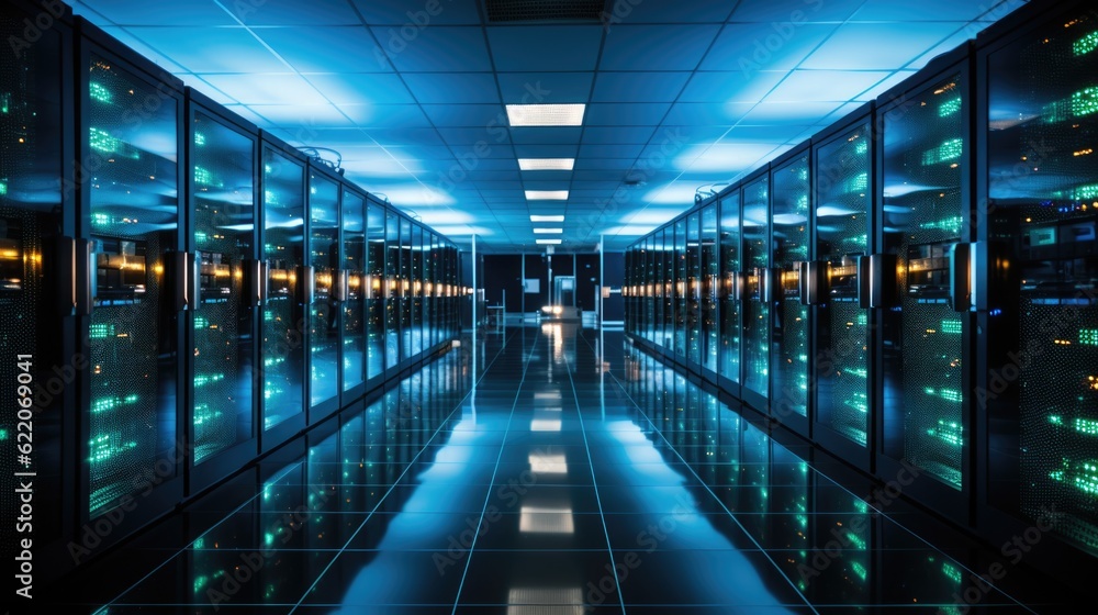 Poster a long hallway with rows of servers in it. generative ai image.