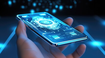 Modern mobile phone in the hand, close-up. Bright, image of AI technologies on the smartphone screen