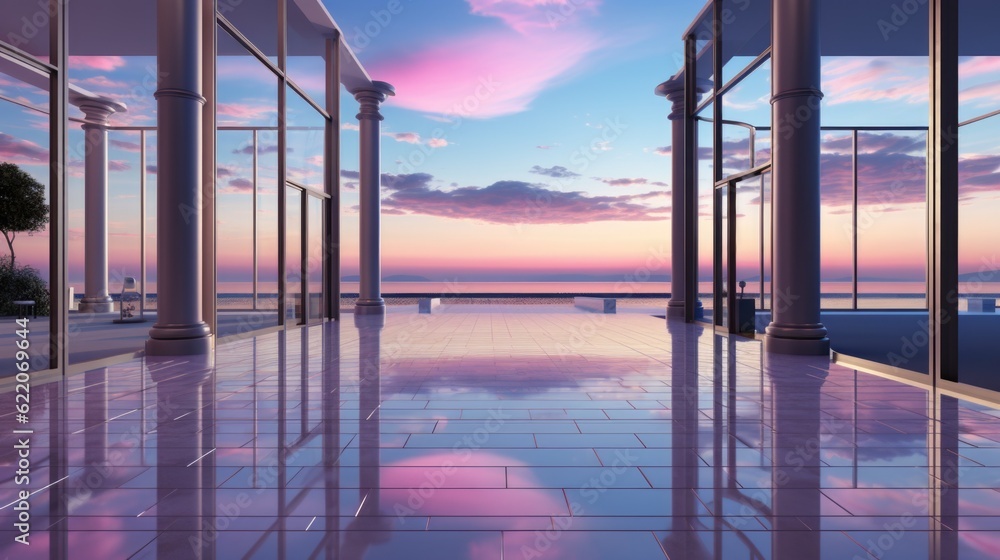 Poster a room with a view of the ocean at sunset. generative ai image.