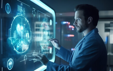 Obraz premium Scientist studying and developing new medicine, cure and vaccines on a futuristic screen display with technological features in his medical laboratory. Generative AI.
