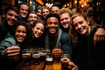 A group of friends of different nationalities sit at a table in a bar and drink beer at the annual German festival Oktoberfest. Alcoholic drink on amber-colored hops with foam. AI generation