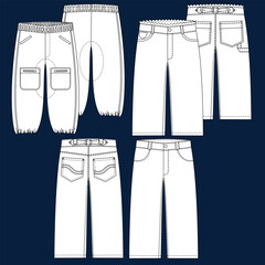 Silhouettes or technical lines of jean pants with seasonal cuts and pockets for men, boys, girls or women.