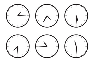 Minimals time and clock icon set. Half past and more of the clock sign. Complete twelve hours pointed clockwise o'clock vector illustration. Thin line designs style