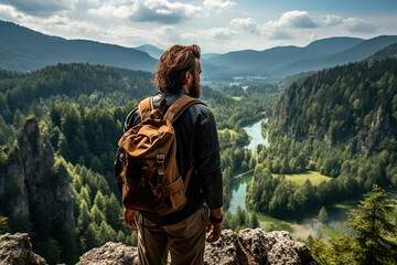 A man with a large backpack stands on the edge of a cliff and looks at the magnificent landscape. Hiking and mountain climbing as a way of life. Sports activities in autumn. AI generation
