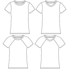 Silhouettes or technical outlines of sets of long-sleeved, short-sleeved shirts, for children, women, men. season collection