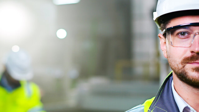 Close up of half face of man engineer in white helmet and goggles looking straight to camera. Indoor. Manufactory work concept. Male worker in glasses of plant portrait. Industry of production.