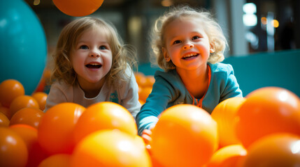 Fototapeta na wymiar Two young Girls playing with yellow Balls, having fun, smiling, laughing, Playground