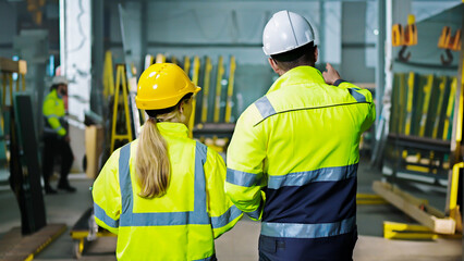 Back view of Caucasian man and woman co-workers at manufactory walking and talking while discussing work.