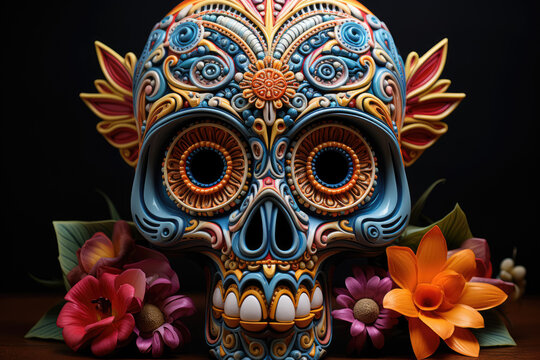 Featuring a painted elephant skull representing Mexico's Day of the Dead, showcasing the vibrant and artistic traditions of Mexican folk art. Generative Ai.